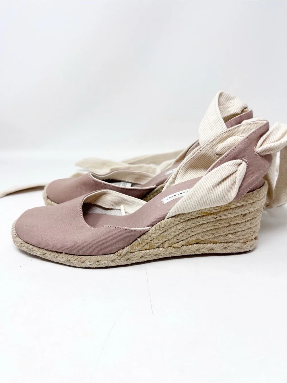ZARA TRAFULAC TAUPE RAFFIA WEDGE SANDALS WITH ANKLE TIES WOMENS SZ 9 NWT